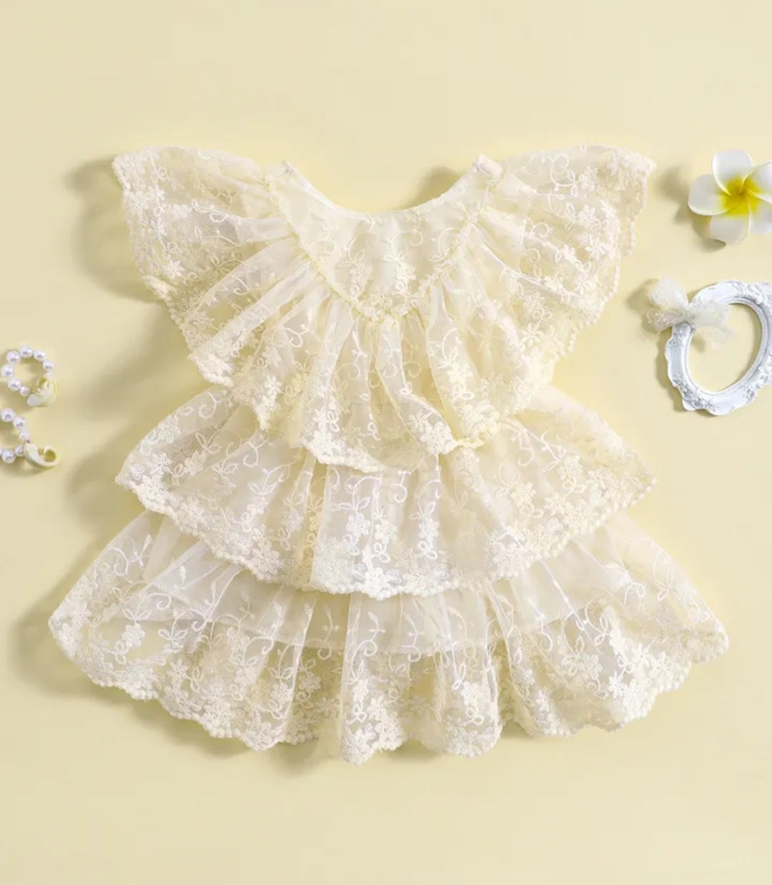 Off White Ruffle Lace  Dress #1001156