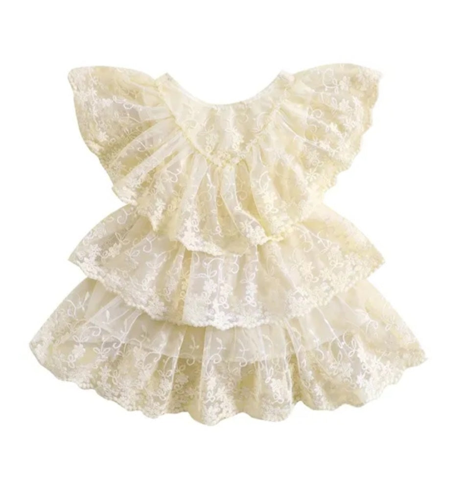 Off White Ruffle Lace  Dress #1001156