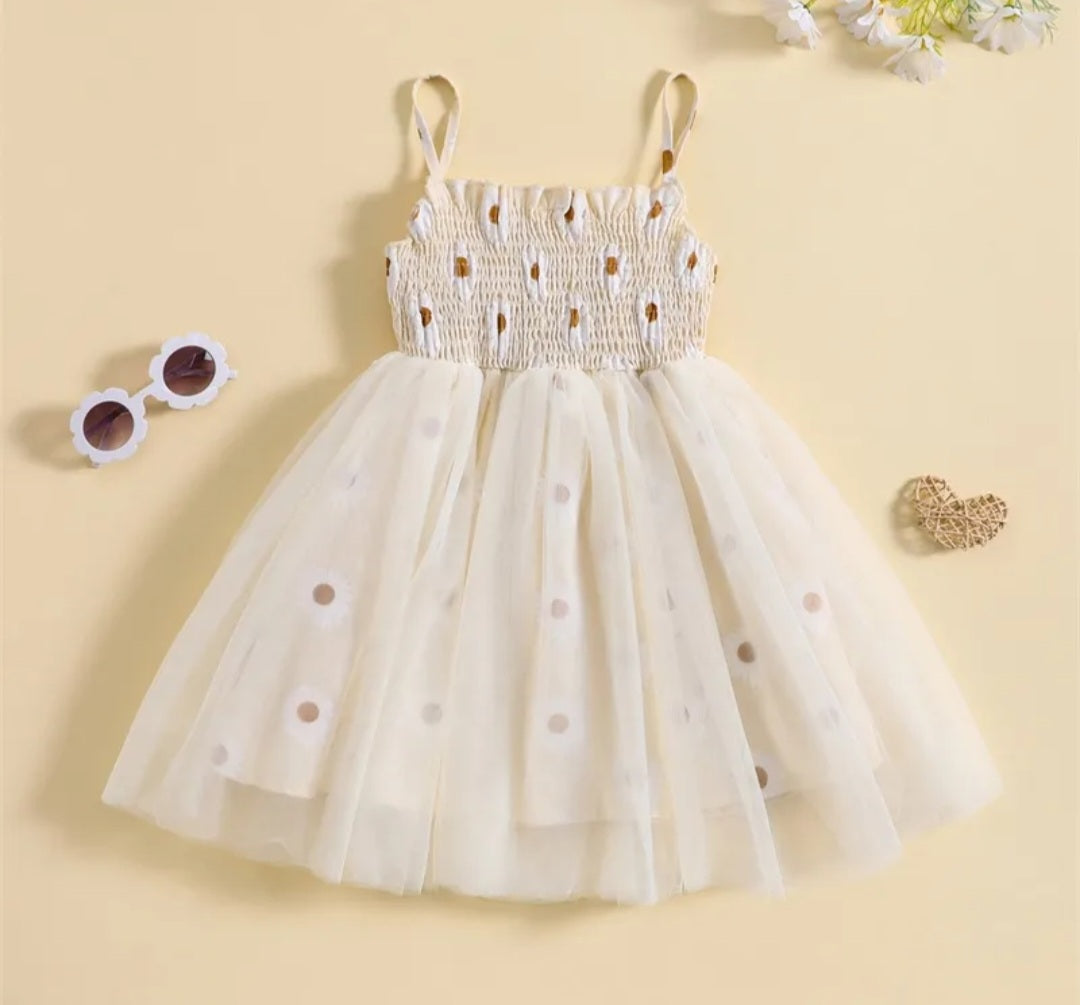 Off White Strappy Daisy Tulle Dress #1001157