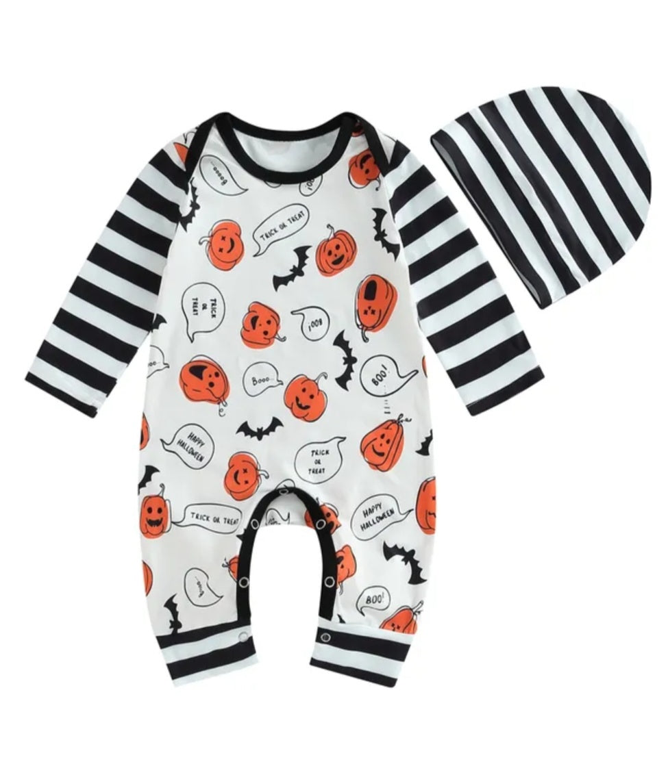 Trick Or Treat Pumpkin Romper and Beanie (Gender Neutral) #1001196