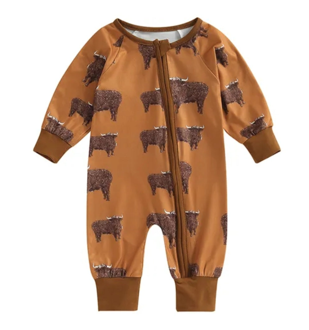 Tan Ranch Life Cow Romper with Side Zipper #2000352