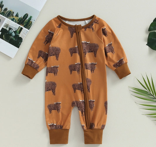 Tan Ranch Life Cow Romper with Side Zipper #2000352