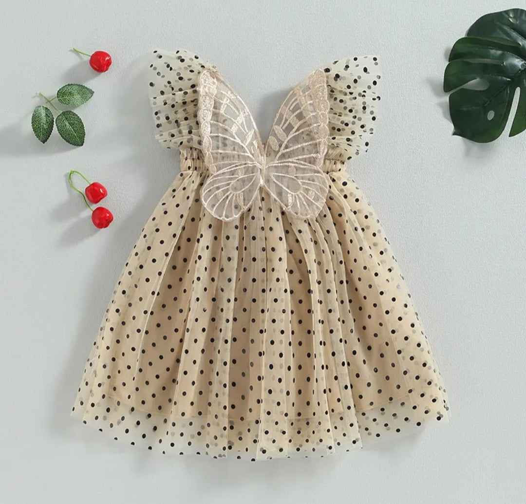 Champagne Polka Lace Butterfly Tulle Dress #1001154