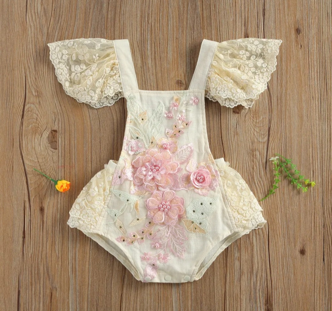 Pink Floral Embroidered Lace Romper #1001158