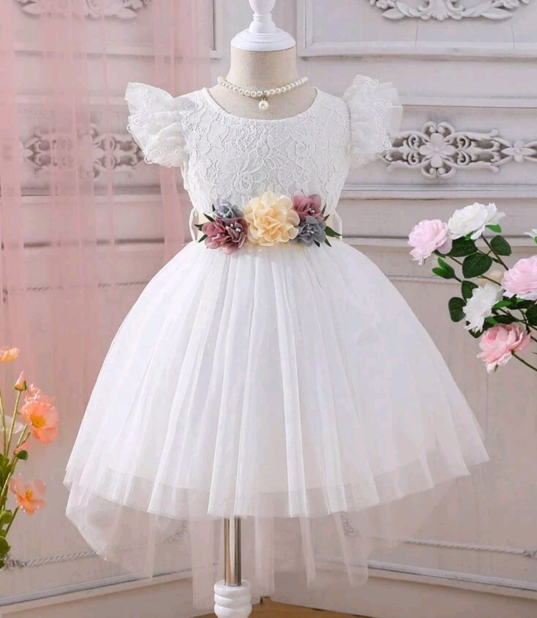 White Special Occasions Dress with Floral Belt/Headband #100046