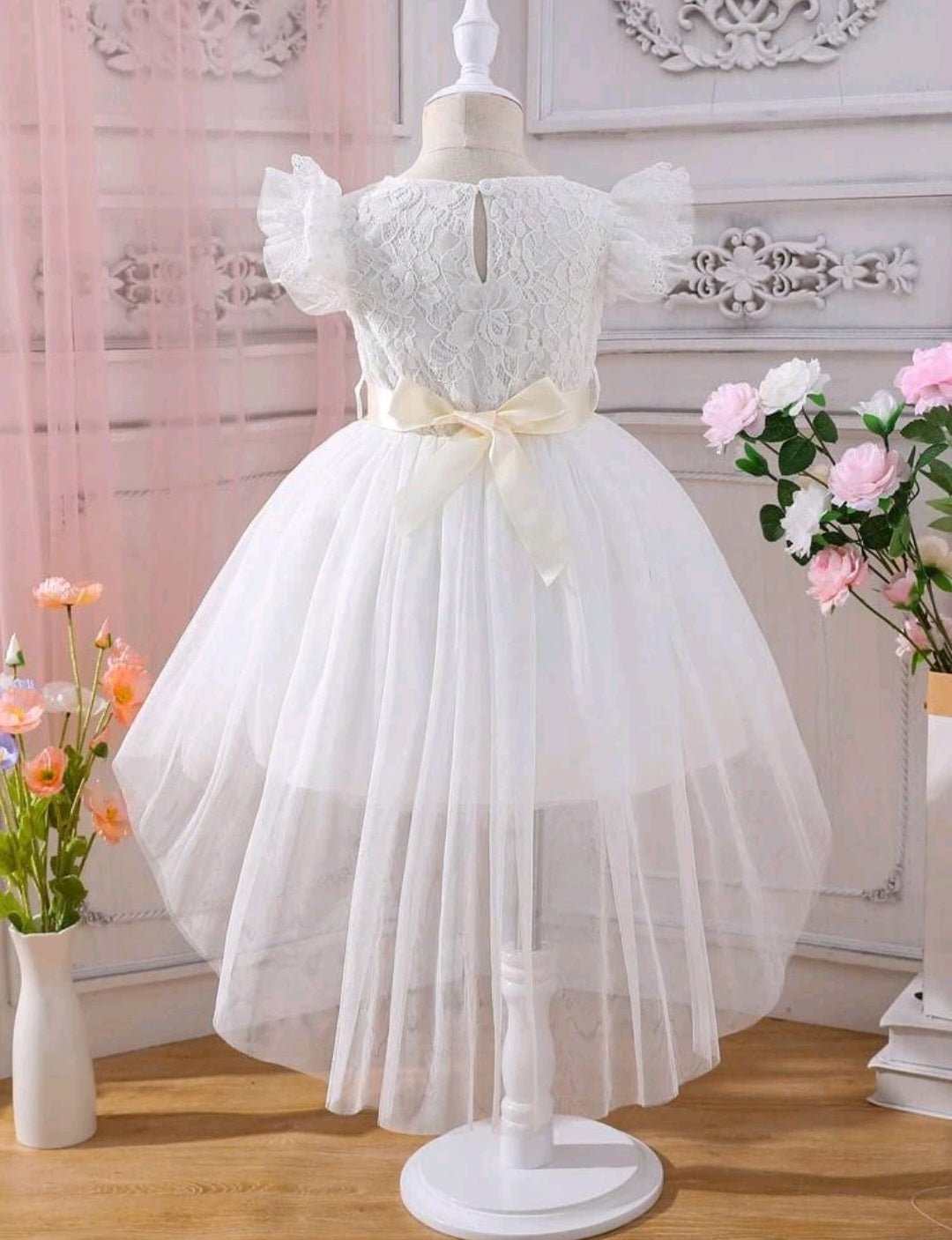 White Special Occasions Dress with Floral Belt/Headband #100046