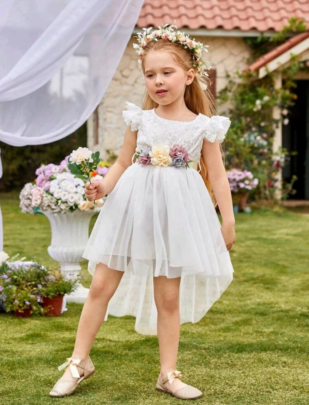 White Special Occasions Dress with Floral Belt/Headband #100046