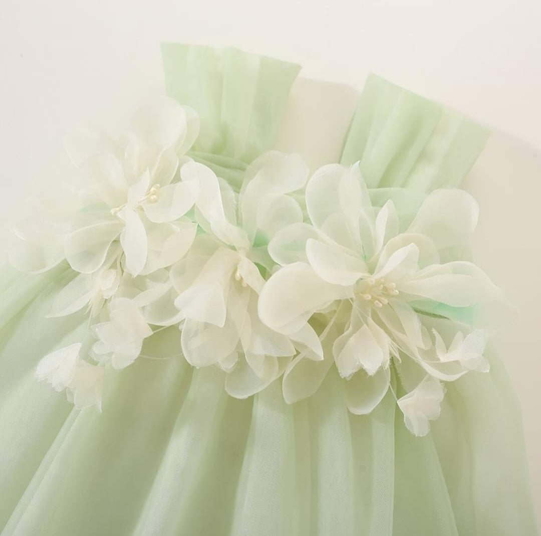 Chai Green Tulle Dress with Floral Detail #1001177