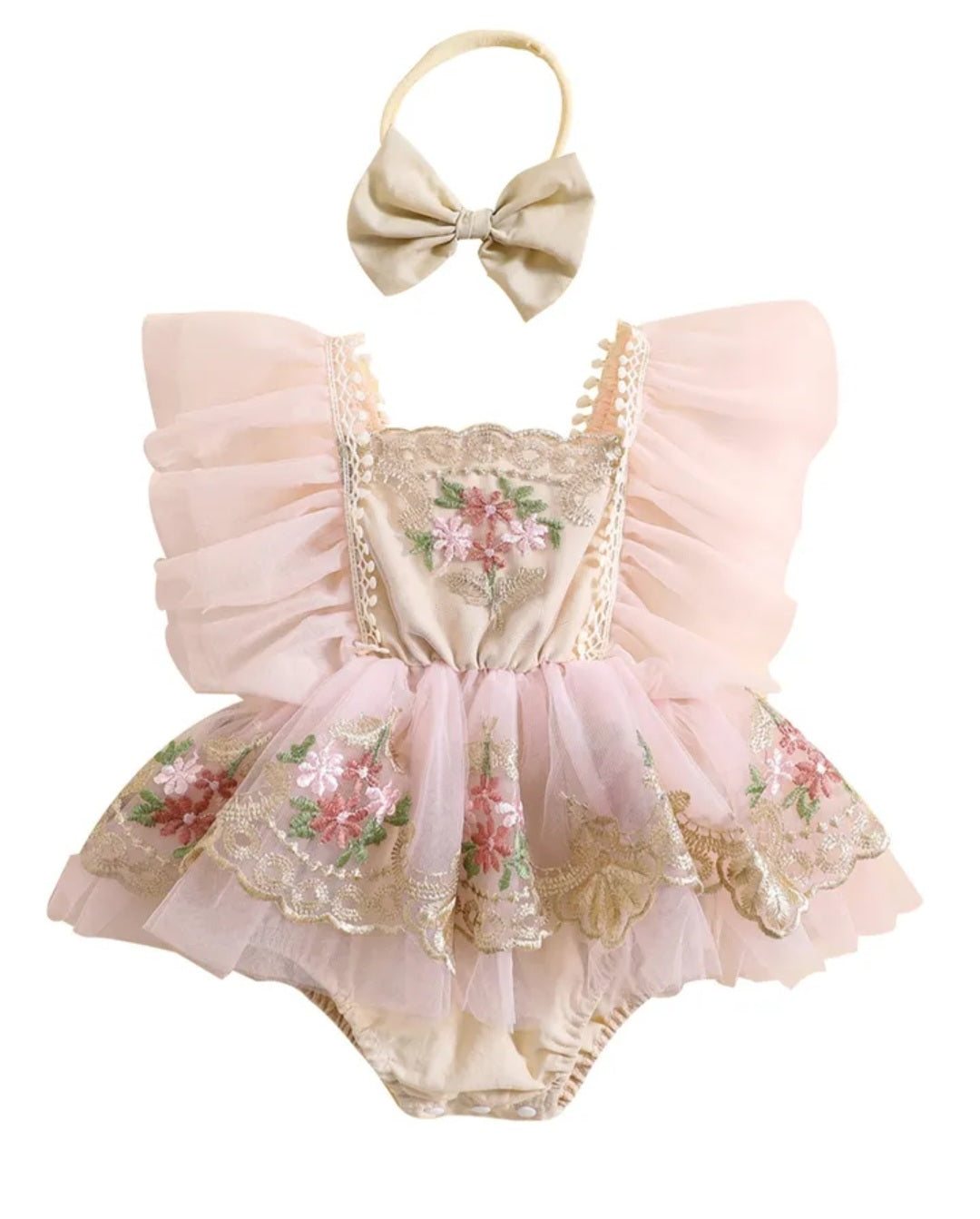 Ruffle Soft Pink Romper with Embroidered FloTulle and Headband  #10004