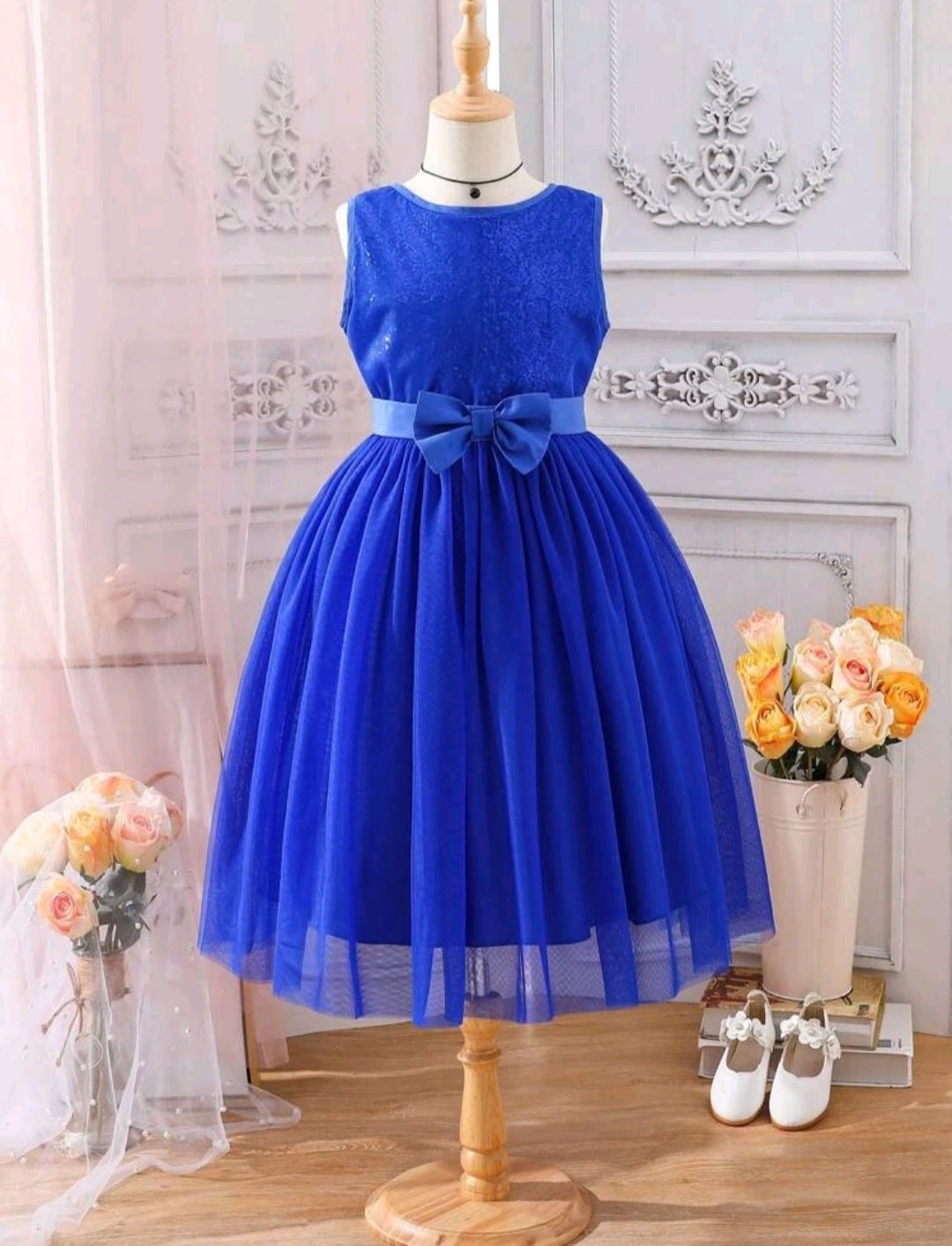 Royal Blue Sequins Bust Tulle Dress with Belt/Headband #100083