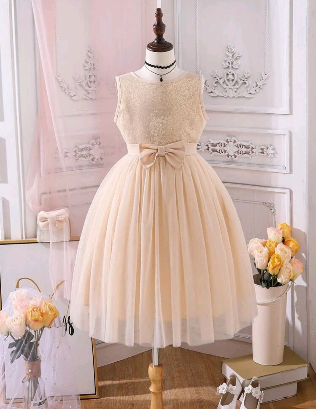 Cream Sequins Bust Special Occasions Tulle Dress and Belt / Headband  #1000260