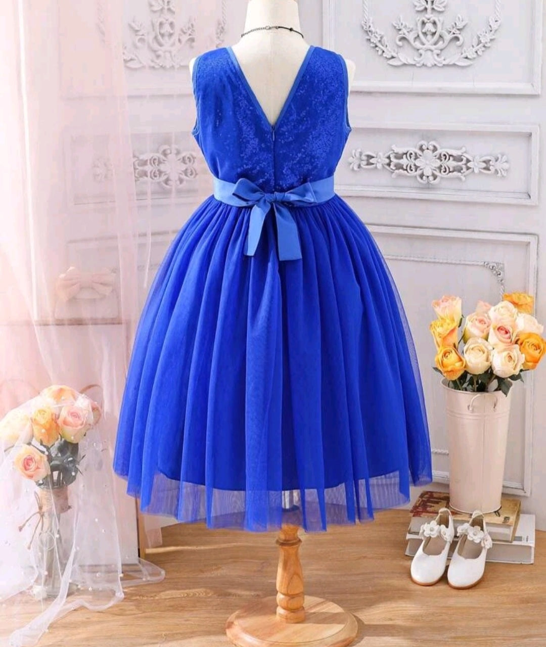 Royal Blue Sequins Bust Tulle Dress with Belt/Headband #100083