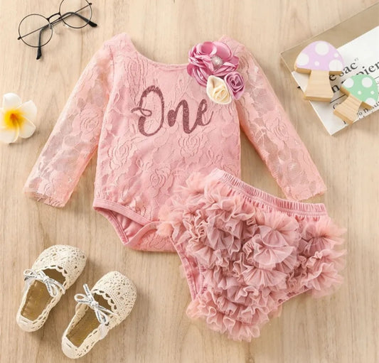 Pink Lace First Birthday Romper with Lace Bloomer #1000520