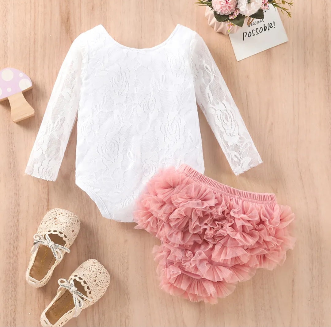 White Lace Birthday Romper with Lace Bloomer #1000521