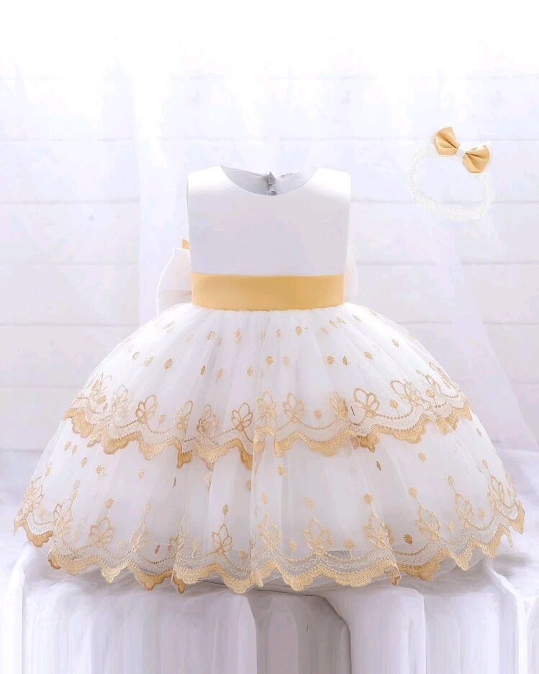 White and Gold Special Occassion Dress with Big Bow and Headband  #1001189