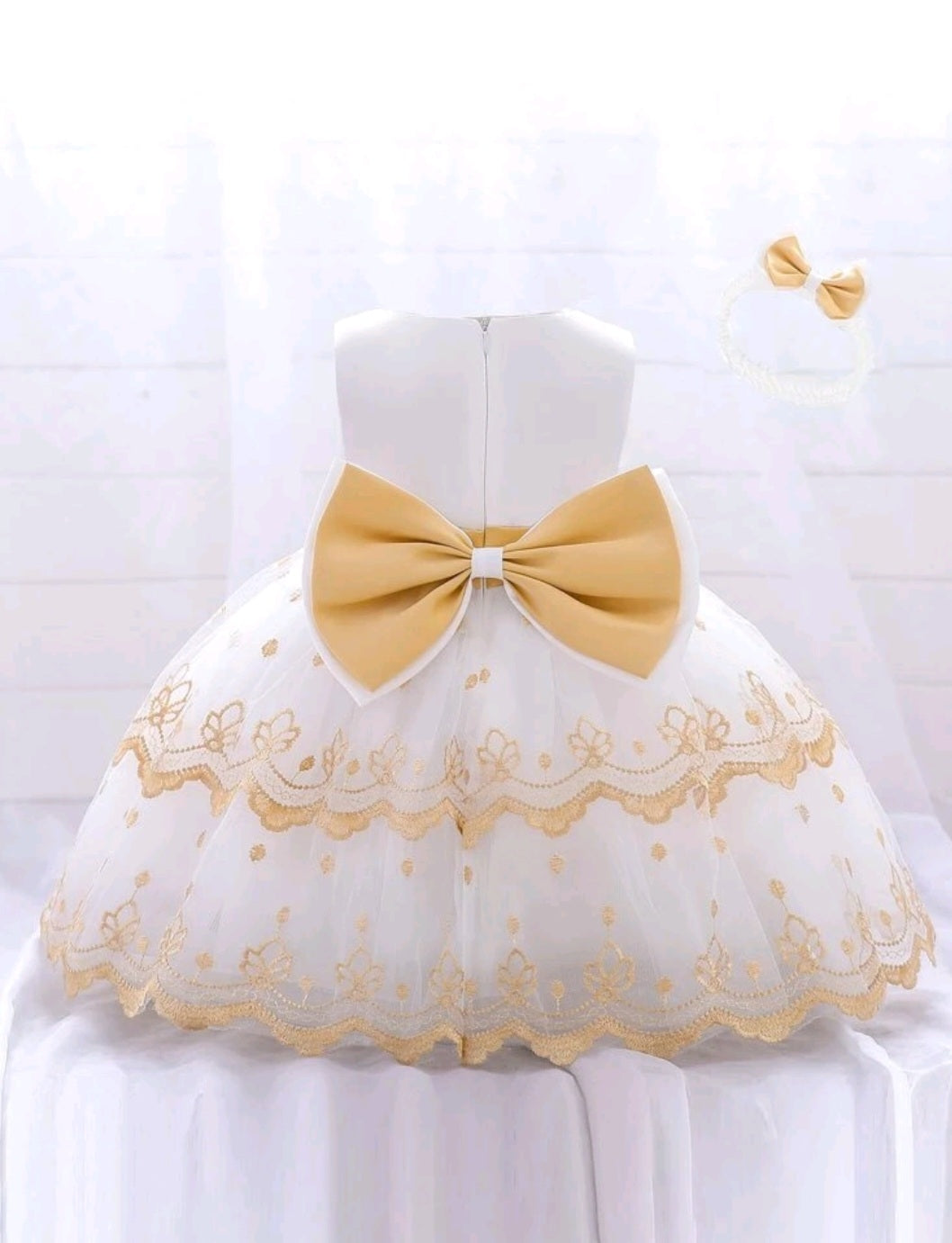 White and Gold Special Occassion Dress with Big Bow and Headband  #1001189