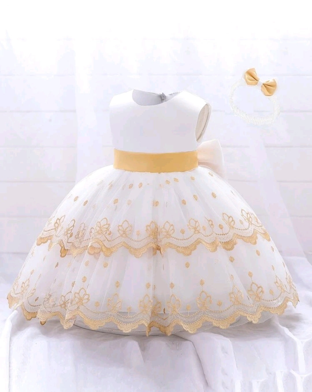 White and Gold Special Occassion Dress with Big Bow and Headband  #1001189