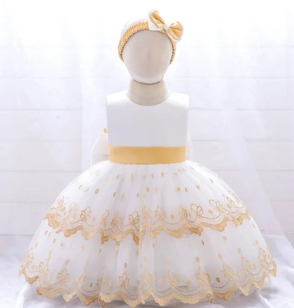 White and Gold Special Occassion Dress with Big Bow and Headband  #1001189