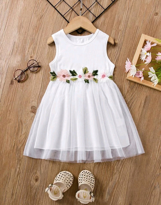 White Ribbed Floral Dress #10027