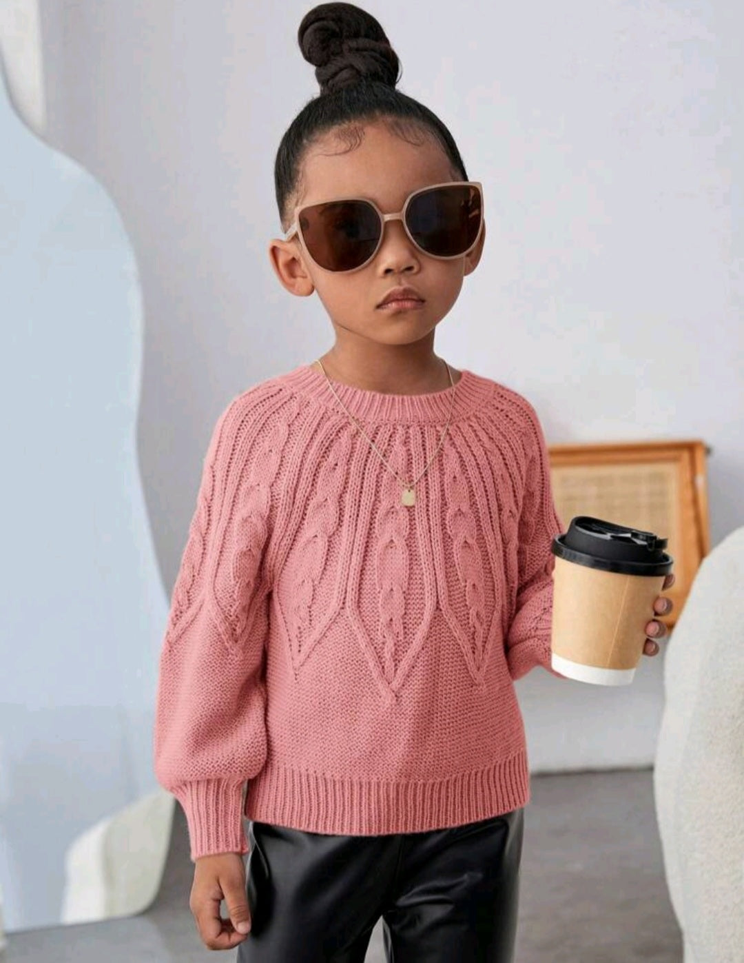 Dusty Pink Crewnek Cable Knited Sweater #1000213