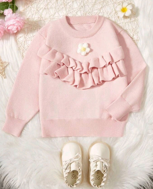 Pink Ruffle Trim Sweater with Floral Detail #1000230