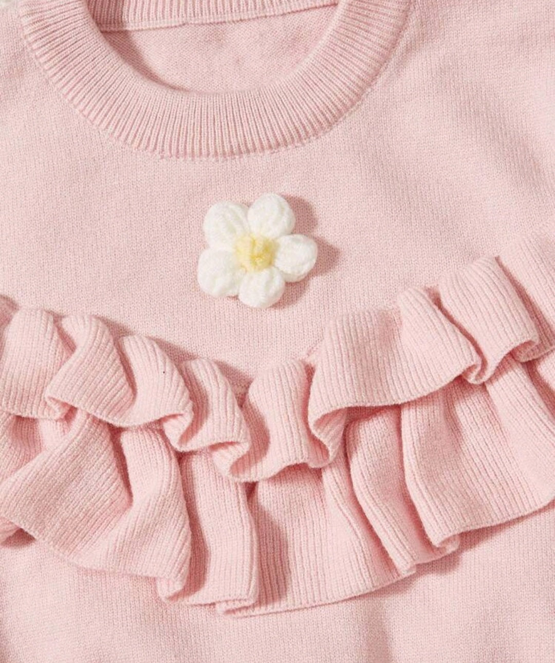 Pink Ruffle Trim Sweater with Floral Detail #1000230