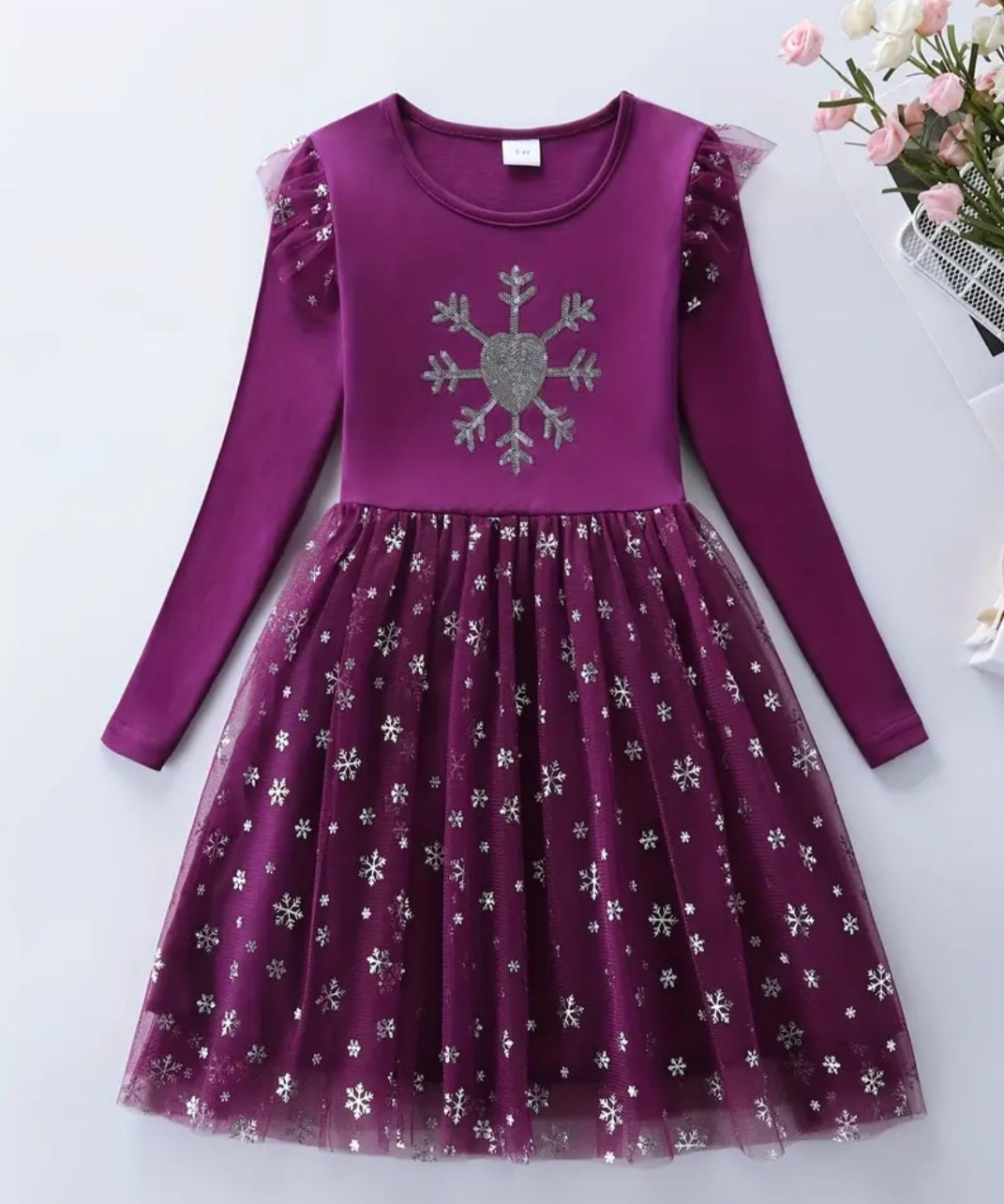 Plum Snow Princess Dress with Embroidered Snowflake #1002003