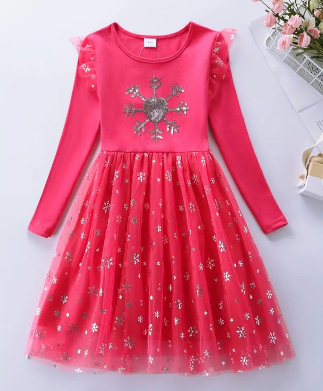 Coral Snow Princess Dress with Embroidered Snowflake #1002006