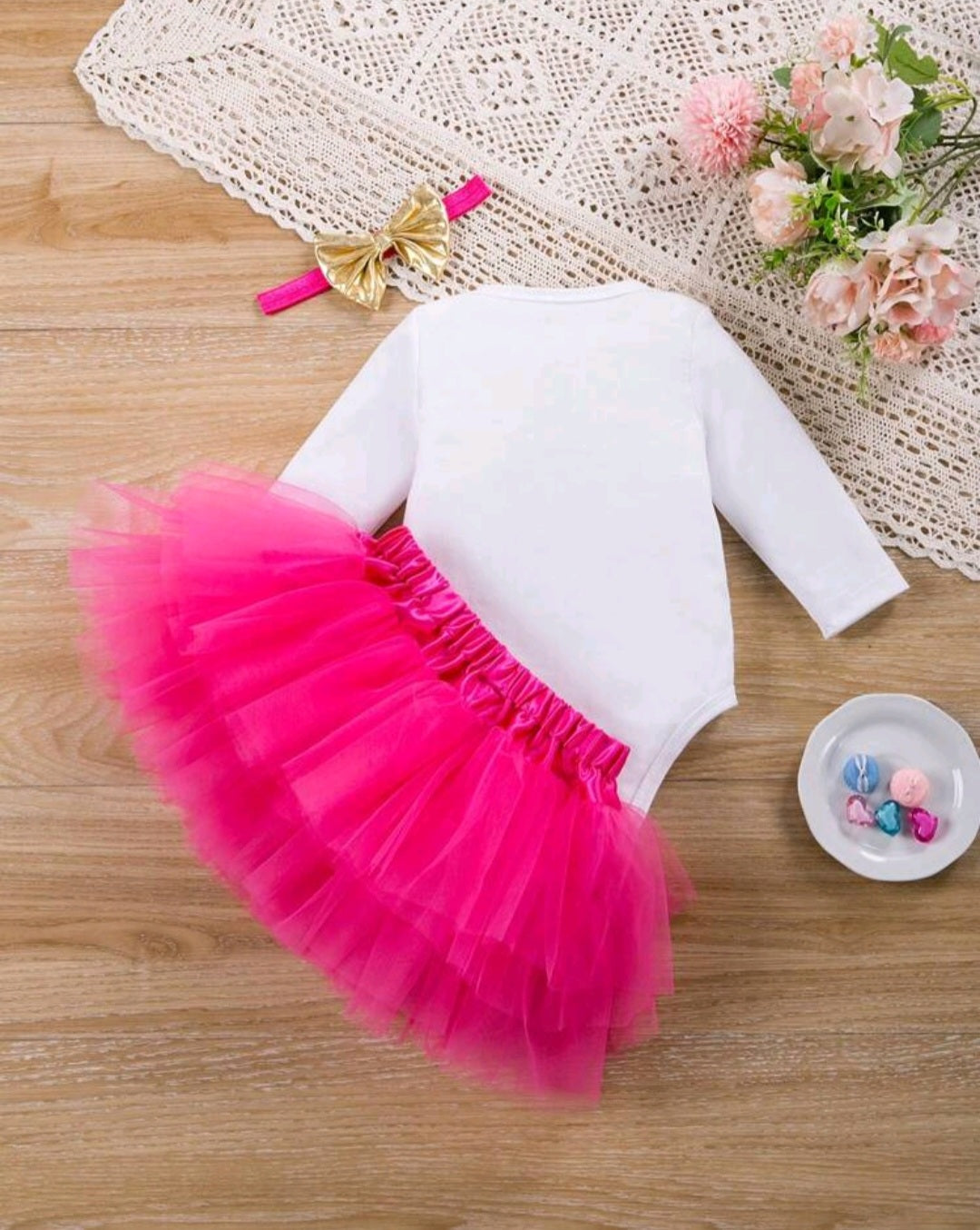 First Birthday Outfit will  Long Sleeve, Cerise Pink Tutu and Headband  #10020022