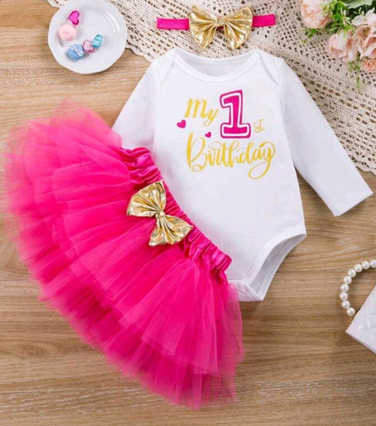 First Birthday Outfit will Long Sleeve, Cerise Pink Tutu and Headband #10020023