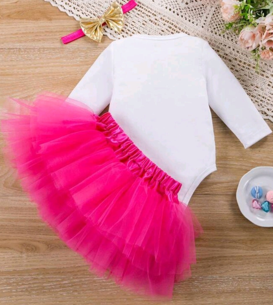 First Birthday Outfit will Long Sleeve, Cerise Pink Tutu and Headband #10020023