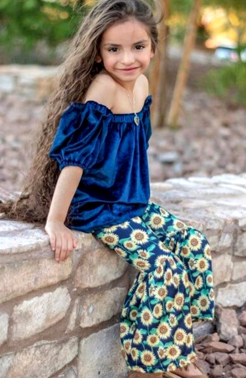 Navy Velvet On Or Off The Shoulder Top and Sunflower Bell Bottoms #1000285