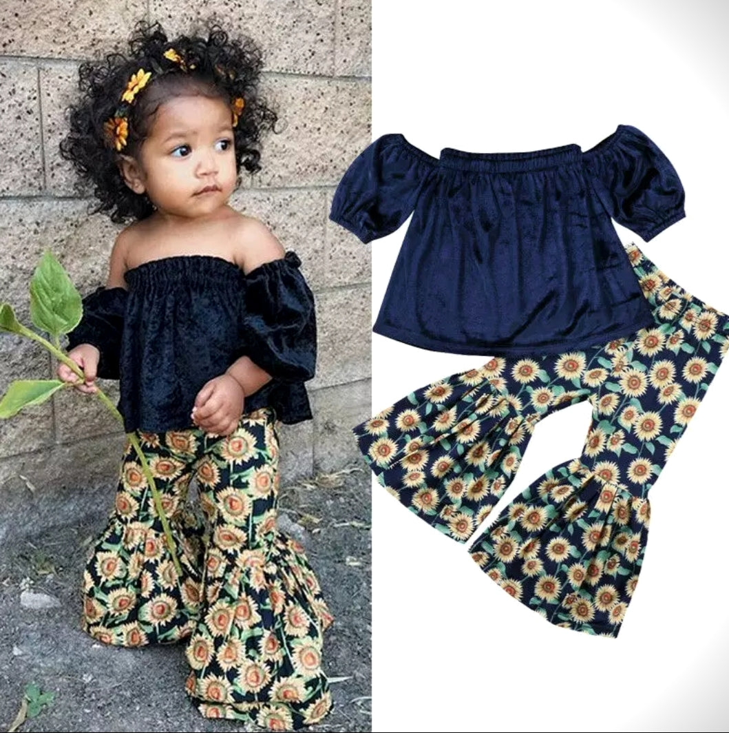 Navy Velvet On Or Off The Shoulder Top and Sunflower Bell Bottoms #1000285