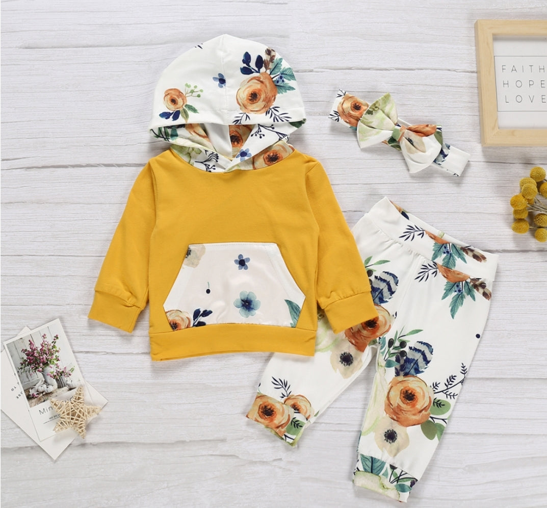 Floral Yellow Hoodie with Floral Pants and Headband #1000131