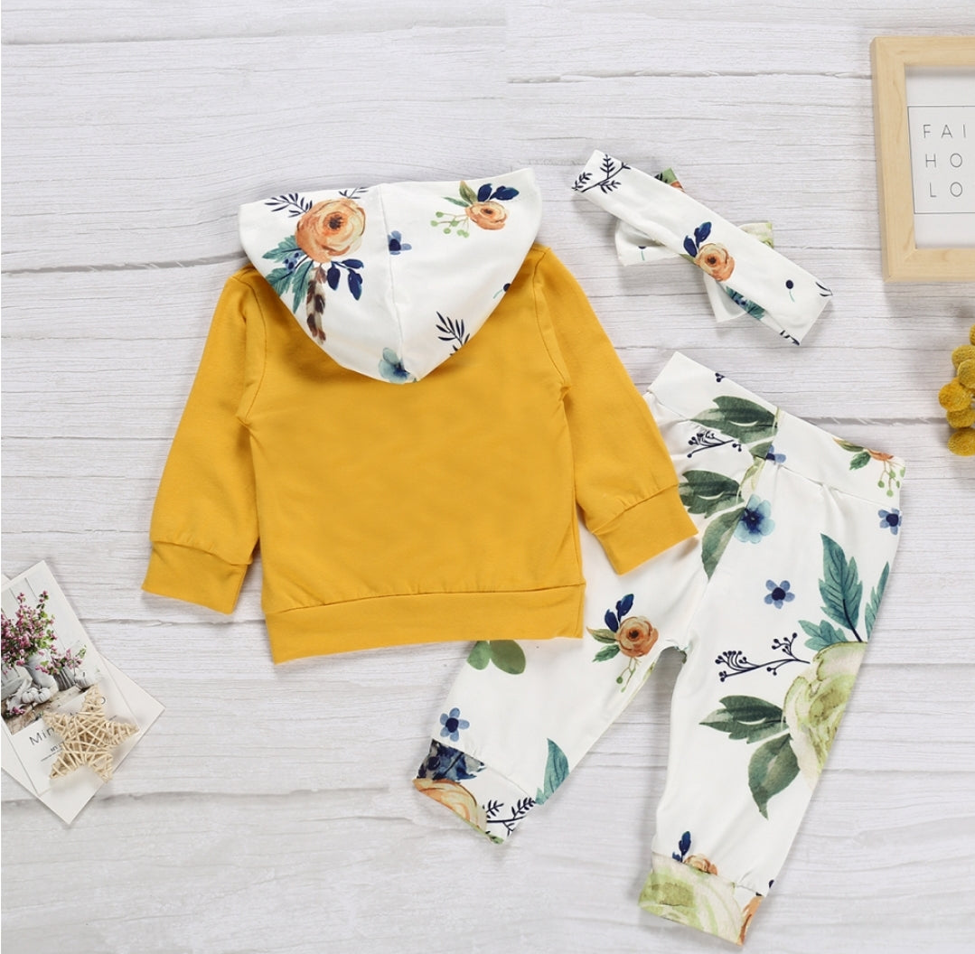 Floral Yellow Hoodie with Floral Pants and Headband #1000131