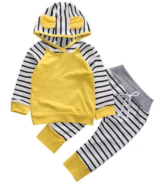 Yellow Hooded Top With High Wasted Striped Pants #1000134