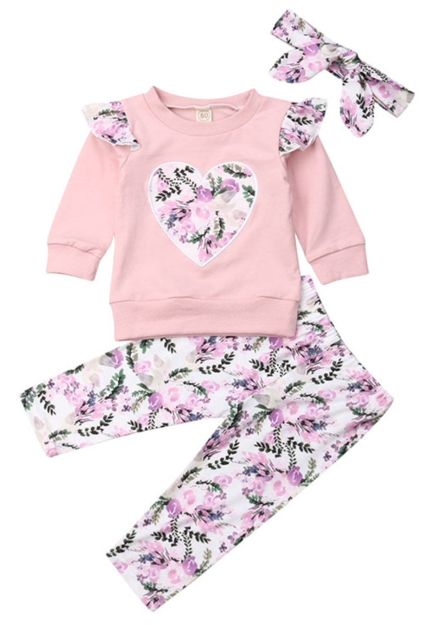 Ruffle Sleeve Top with Heart Detail, Floral Leggings and Headband  #100053