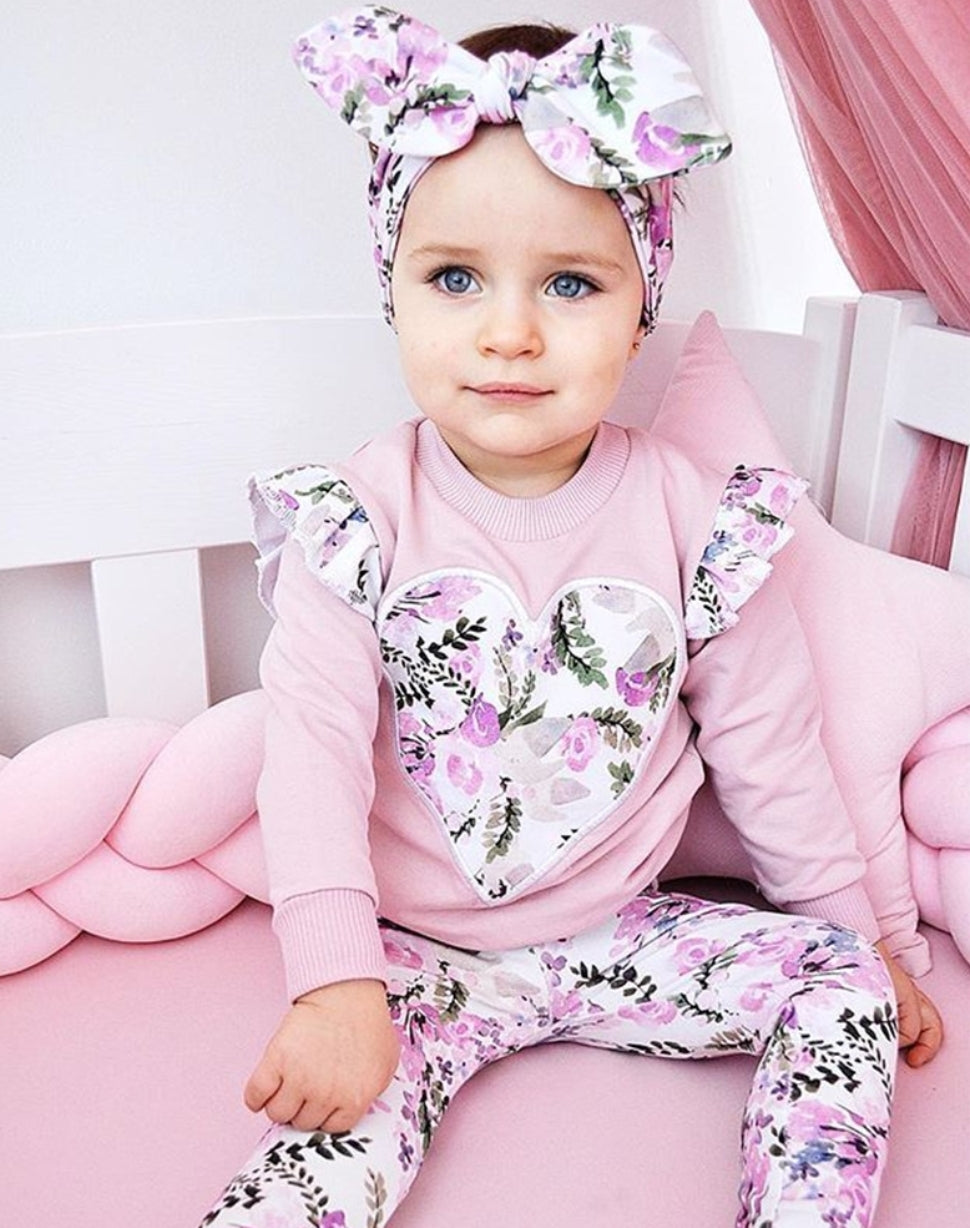 Ruffle Sleeve Top with Heart Detail, Floral Leggings and Headband  #100053