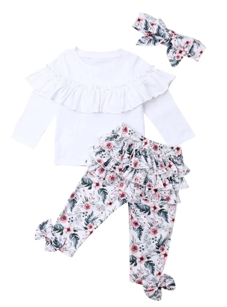 White Ruffle Top with Florral Leggings and Headband #100054