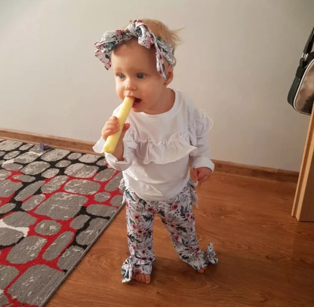 White Ruffle Top with Florral Leggings and Headband #100054