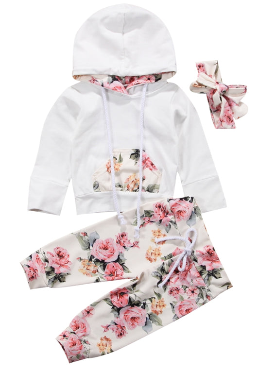 White Floral Hoodie with Floral Pants and Headband #100057