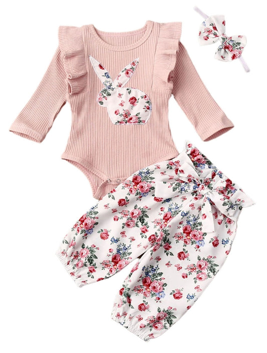 Ribbed Bunny Floral Romper and Bowknot Pants #100074