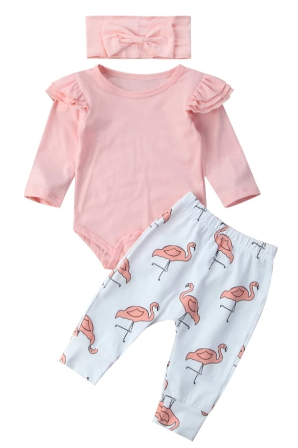 Pink Ruffle Sleeve Romper with Flamingo Pants and Headband  #100076