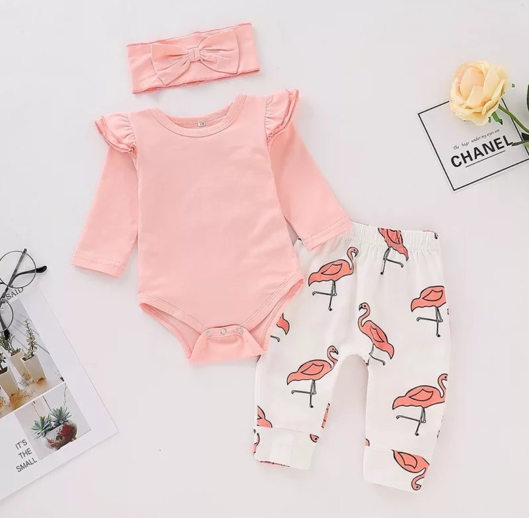 Pink Ruffle Sleeve Romper with Flamingo Pants and Headband  #100076