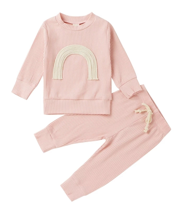 Pink Crewneck Ribbed Rainbow Tracksuit  #100098