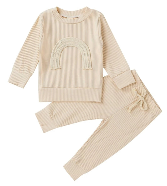 Cream Crewneck Ribbed Rainbow Tracksuit  #100099