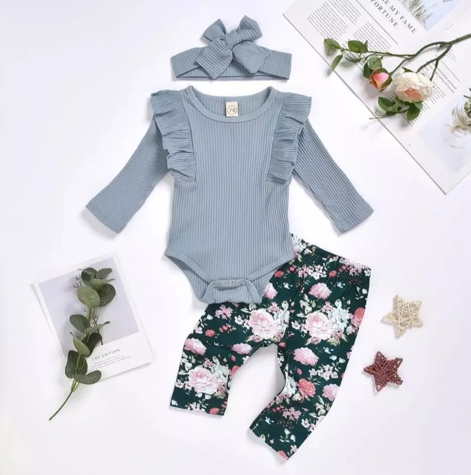 Ribbed Duck Egg Ruffle Romper with Floral Leggings and Headband  #1000105