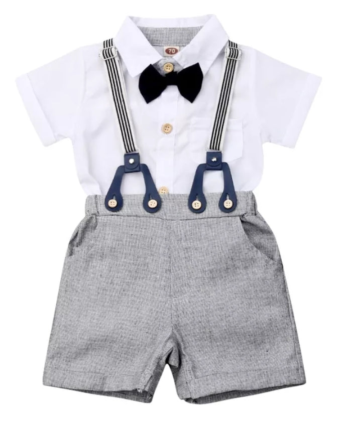 Gentleman Suit White Short Sleeve Shirts with Shorts, Suspenders and Bowtie #200069