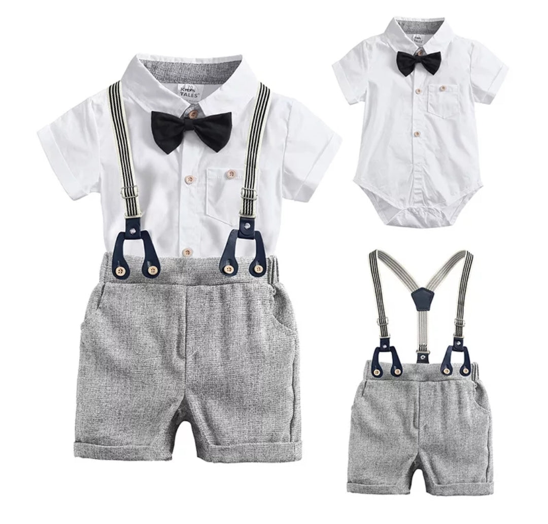 Gentleman Suit White Short Sleeve Shirts with Shorts, Suspenders and Bowtie #200069