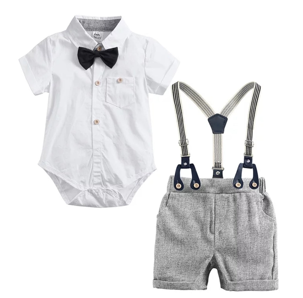 Gentleman Suit White Short Sleeve Shirts with Shorts, Suspenders and Bowtie #200069